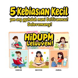 An engaging motivational poster featuring the phrase "5 Kebiasaan Kecil yang Bisa Mengubah Hidupmu Selamanya!" (5 Small Habits That Can Change Your Life Forever!) in an attractive, bold font