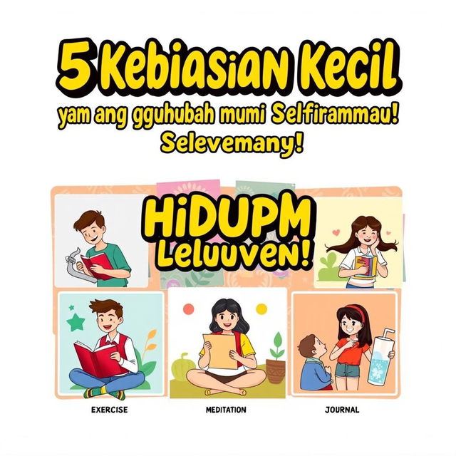 An engaging motivational poster featuring the phrase "5 Kebiasaan Kecil yang Bisa Mengubah Hidupmu Selamanya!" (5 Small Habits That Can Change Your Life Forever!) in an attractive, bold font