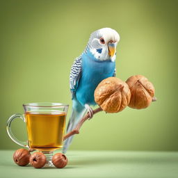 A vibrant male blue budgie perched on a branch, showcasing its beautiful black eyes and striking white head