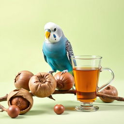 A vibrant male blue budgie perched on a branch, showcasing its beautiful black eyes and striking white head