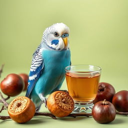 A vibrant male blue budgie perched on a branch, showcasing its beautiful black eyes and striking white head