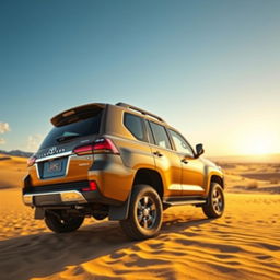 A stunning 2023 Toyota Land Cruiser LC200 in a pristine desert landscape with golden sand dunes in the background