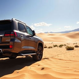 A stunning 2023 Toyota Land Cruiser LC200 in a pristine desert landscape with golden sand dunes in the background
