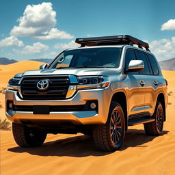 A stunning 2023 Toyota Land Cruiser LC200 in a pristine desert landscape with golden sand dunes in the background