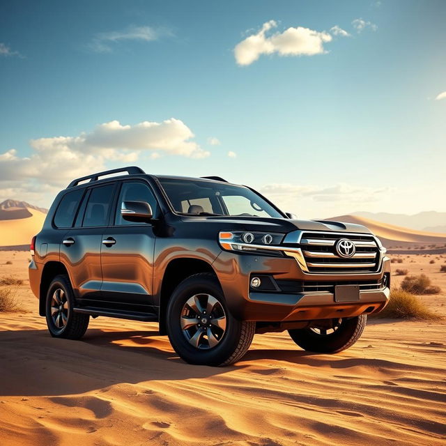 A stunning 2023 Toyota Land Cruiser LC200 in a pristine desert landscape with golden sand dunes in the background