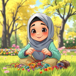 An animated scene of a young, hijab-wearing girl diligently crafting friendship bracelets