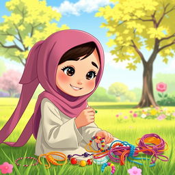 An animated scene of a young, hijab-wearing girl diligently crafting friendship bracelets