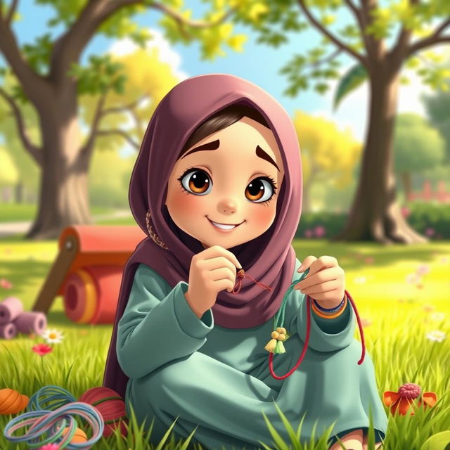 An animated scene of a young, hijab-wearing girl diligently crafting friendship bracelets