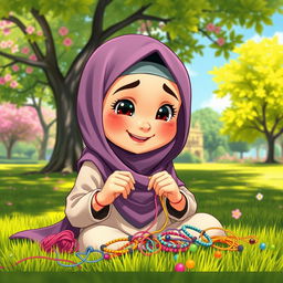 An animated scene of a young, hijab-wearing girl diligently crafting friendship bracelets