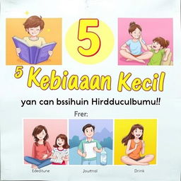 An engaging motivational poster featuring the phrase "5 Kebiasaan Kecil yang Bisa Mengubah Hidupmu Selamanya!" (5 Small Habits That Can Change Your Life Forever!) in an attractive, bold font