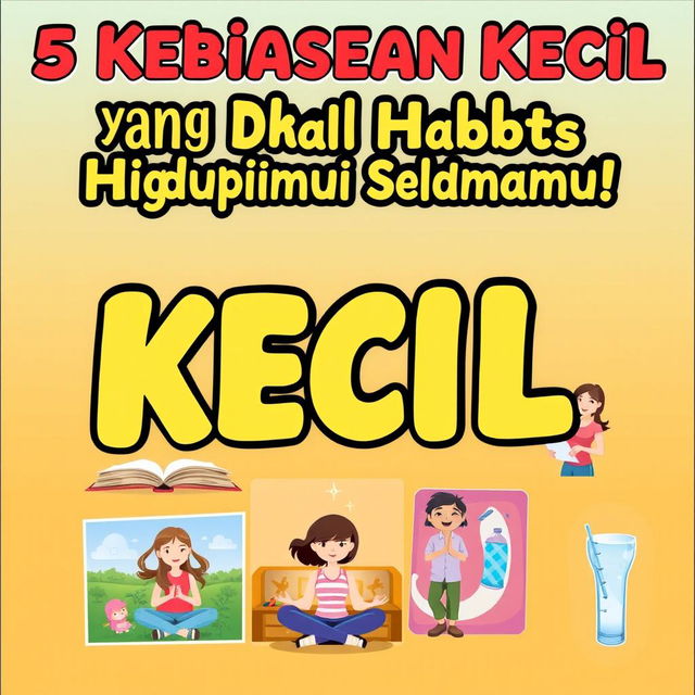 An engaging motivational poster featuring the phrase "5 Kebiasaan Kecil yang Bisa Mengubah Hidupmu Selamanya!" (5 Small Habits That Can Change Your Life Forever!) in an attractive, bold font