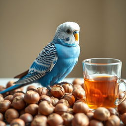A vibrant male blue budgie perched gracefully, showcasing its striking black eyes and pristine white head