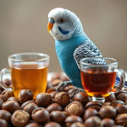 A vibrant male blue budgie perched gracefully, showcasing its striking black eyes and pristine white head