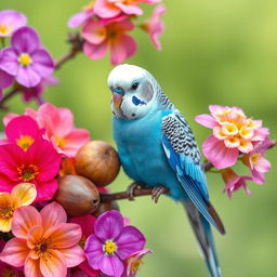 A vibrant male blue budgie perched on a branch, showcasing its striking black eyes and pristine white head