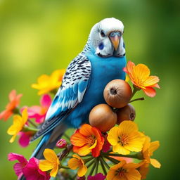 A vibrant male blue budgie perched on a branch, showcasing its striking black eyes and pristine white head