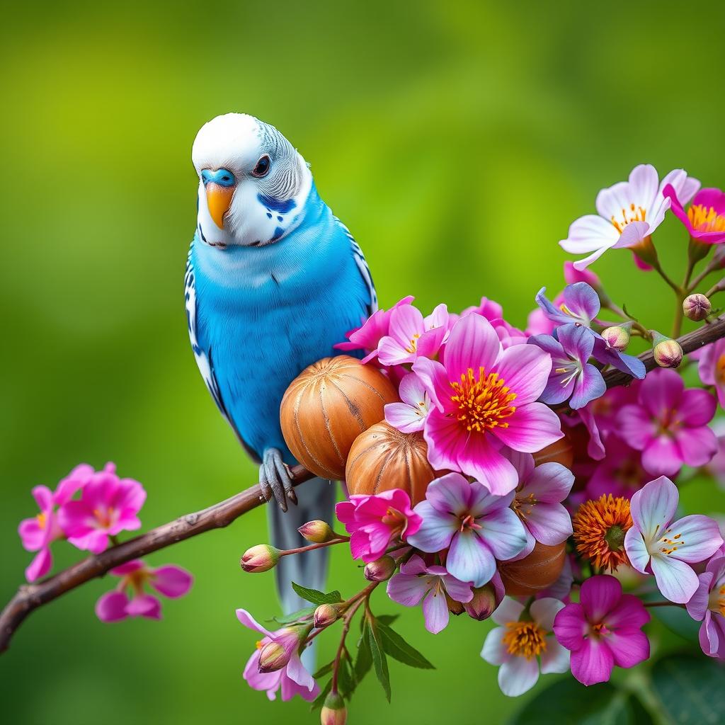 A vibrant male blue budgie perched on a branch, showcasing its striking black eyes and pristine white head