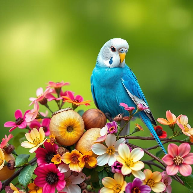 A vibrant male blue budgie perched on a branch, showcasing its striking black eyes and pristine white head