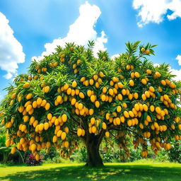 A lush and vibrant mango tree with an impressive 200 branches, each bursting with an abundance of large, ripe mangoes, showcasing their rich golden-yellow color