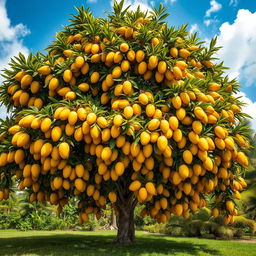 A lush and vibrant mango tree with an impressive 200 branches, each bursting with an abundance of large, ripe mangoes, showcasing their rich golden-yellow color