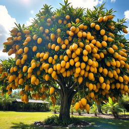 A lush and vibrant mango tree with an impressive 200 branches, each bursting with an abundance of large, ripe mangoes, showcasing their rich golden-yellow color