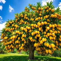 A lush and vibrant mango tree with an impressive 200 branches, each bursting with an abundance of large, ripe mangoes, showcasing their rich golden-yellow color