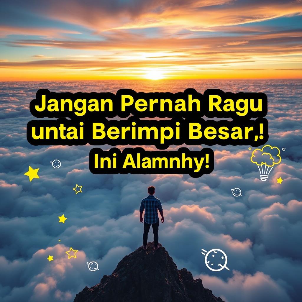 An inspirational poster featuring the phrase "Jangan Pernah Ragu untuk Bermimpi Besar, Ini Alasannya!" (Never Hesitate to Dream Big, Here’s Why!) in an eye-catching, bold font