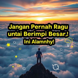 An inspirational poster featuring the phrase "Jangan Pernah Ragu untuk Bermimpi Besar, Ini Alasannya!" (Never Hesitate to Dream Big, Here’s Why!) in an eye-catching, bold font