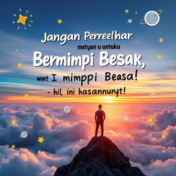 An inspirational poster featuring the phrase "Jangan Pernah Ragu untuk Bermimpi Besar, Ini Alasannya!" (Never Hesitate to Dream Big, Here’s Why!) in an eye-catching, bold font