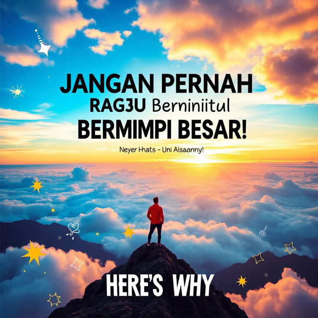 An inspirational poster featuring the phrase "Jangan Pernah Ragu untuk Bermimpi Besar, Ini Alasannya!" (Never Hesitate to Dream Big, Here’s Why!) in an eye-catching, bold font