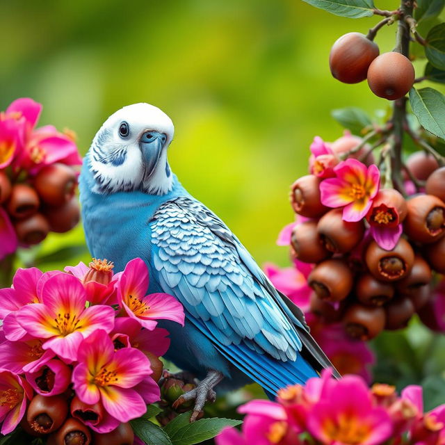 A stunning male blue budgie perched among lush, vibrant flowers, showcasing its striking black eyes and pristine white head