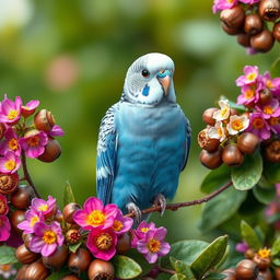 A stunning male blue budgie perched among lush, vibrant flowers, showcasing its striking black eyes and pristine white head