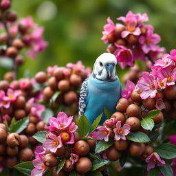 A stunning male blue budgie perched among lush, vibrant flowers, showcasing its striking black eyes and pristine white head