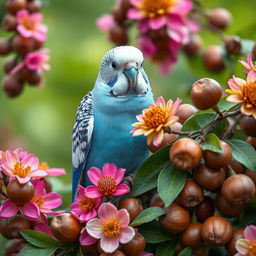 A stunning male blue budgie perched among lush, vibrant flowers, showcasing its striking black eyes and pristine white head