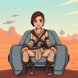 An illustration of Rey Skywalker from Star Wars, sitting on a futuristic chair in a lively cartoon style