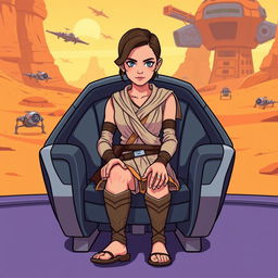 An illustration of Rey Skywalker from Star Wars, sitting on a futuristic chair in a lively cartoon style