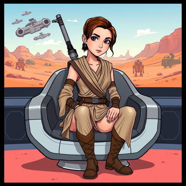 An illustration of Rey Skywalker from Star Wars, sitting on a futuristic chair in a lively cartoon style