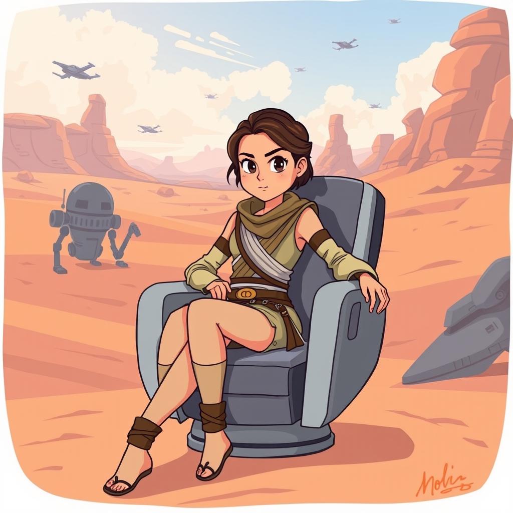 An illustration of Rey Skywalker from Star Wars, sitting on a futuristic chair in a lively cartoon style