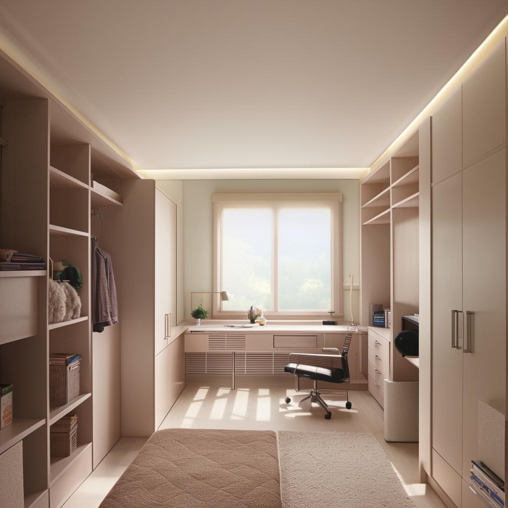 Design a 13-feet long, 10-feet wide room with two large windows on adjacent walls. The room includes a king-size bed, a study table, a wardrobe, bookshelves, and plenty of walking space.