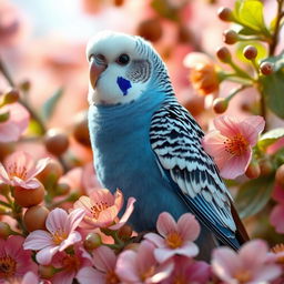 A charming male blue budgie perched among vibrant flowers, displaying its striking black eyes and pristine white head in a romantic and cute setting