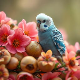 A charming male blue budgie perched among vibrant flowers, displaying its striking black eyes and pristine white head in a romantic and cute setting