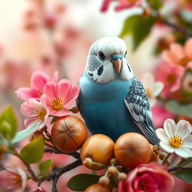 A charming male blue budgie perched among vibrant flowers, displaying its striking black eyes and pristine white head in a romantic and cute setting