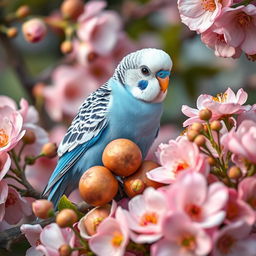 A charming male blue budgie perched among vibrant flowers, displaying its striking black eyes and pristine white head in a romantic and cute setting