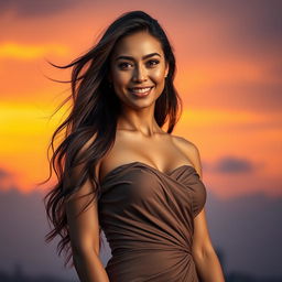 A stunning portrait of a confident woman with long flowing hair, wearing a stylish, elegant dress that elegantly drapes around her figure