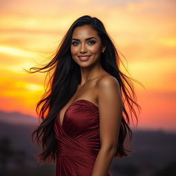 A stunning portrait of a confident woman with long flowing hair, wearing a stylish, elegant dress that elegantly drapes around her figure