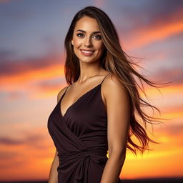 A stunning portrait of a confident woman with long flowing hair, wearing a stylish, elegant dress that elegantly drapes around her figure