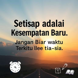 An inspiring poster featuring the phrase "Setiap Hari adalah Kesempatan Baru: Jangan Biarkan Waktu Terbuang Sia-sia" (Every Day is a New Opportunity: Don’t Let Time Be Wasted) in a prominent, uplifting font