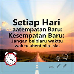 An inspiring poster featuring the phrase "Setiap Hari adalah Kesempatan Baru: Jangan Biarkan Waktu Terbuang Sia-sia" (Every Day is a New Opportunity: Don’t Let Time Be Wasted) in a prominent, uplifting font