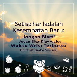 An inspiring poster featuring the phrase "Setiap Hari adalah Kesempatan Baru: Jangan Biarkan Waktu Terbuang Sia-sia" (Every Day is a New Opportunity: Don’t Let Time Be Wasted) in a prominent, uplifting font