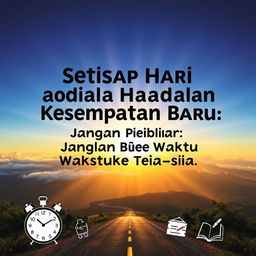 An inspiring poster featuring the phrase "Setiap Hari adalah Kesempatan Baru: Jangan Biarkan Waktu Terbuang Sia-sia" (Every Day is a New Opportunity: Don’t Let Time Be Wasted) in a prominent, uplifting font