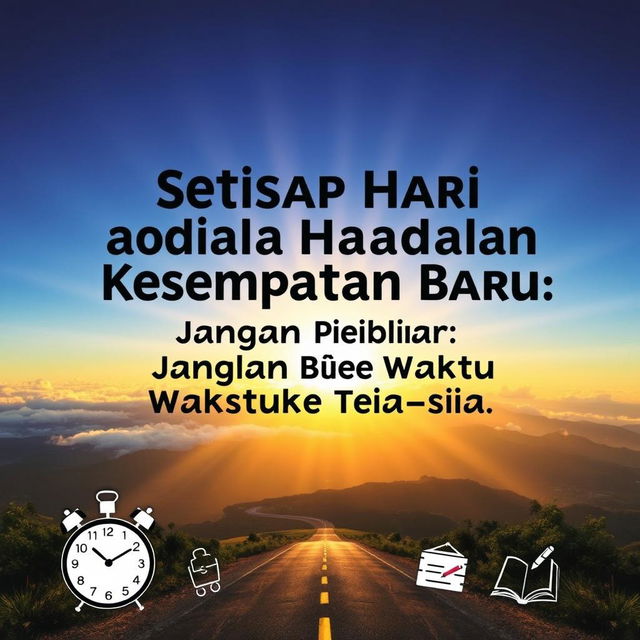 An inspiring poster featuring the phrase "Setiap Hari adalah Kesempatan Baru: Jangan Biarkan Waktu Terbuang Sia-sia" (Every Day is a New Opportunity: Don’t Let Time Be Wasted) in a prominent, uplifting font